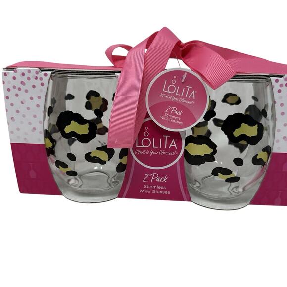 Lolita Acrylic Stemless Wine Glass Two Pack - Cheetah Print & Flowers - Picture 2 of 3